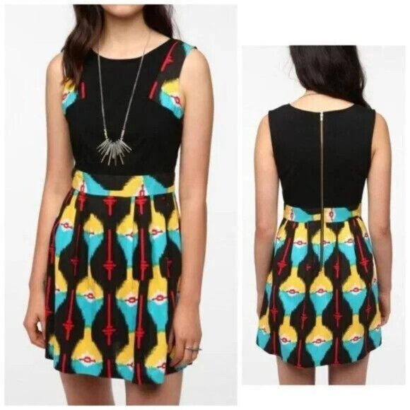 Anthropologie Staring at Stars Linen Blend Dress Womens 4 Aztec Ikat Black Artsy - Picture 2 of 6